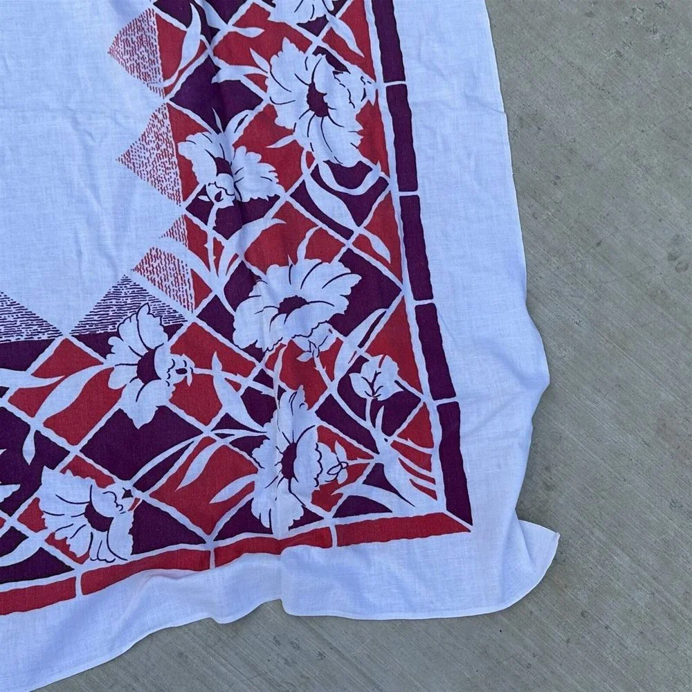 Vintage Tablecloth Tropical Flowers Purple Pink Farmhouse Square